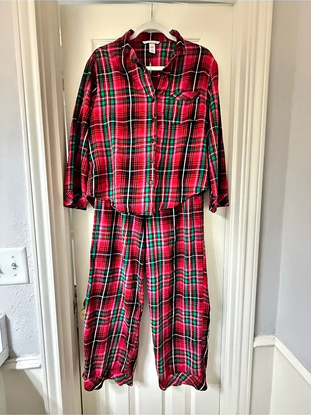 Victoria's Secret Traditional Flannel Long Pyjamas Plaid Cotton Pajama Set Red &